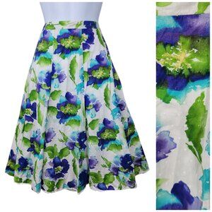 Dressbarn A-line Skirt 14 Floral Knee Length Blue Green Swiss Dot Lace Trim
